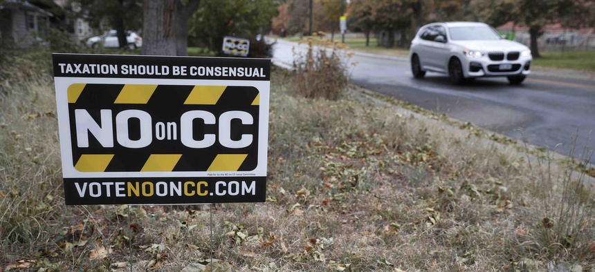 A lawn sign urges voters to oppose Proposition CC, which would have relaxed a Colorado law that restricts the state's taxing power. Voters rejected the measure in November.