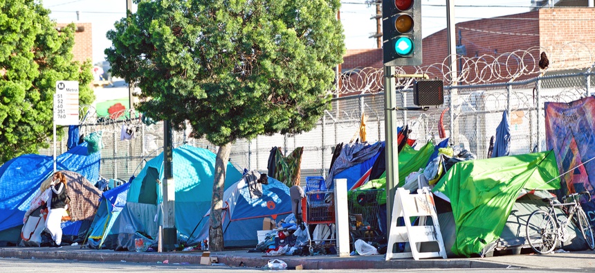  MARCH 25, 2018: Homeless encampment along the roadside depicting the growing epidemic of homelessness in the City of Los Angeles.